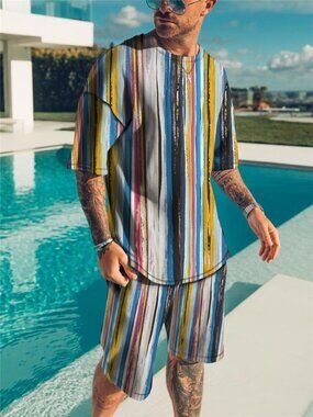 Men's Full Size Striped Short Sleeve Top and Shorts Set Plus Size